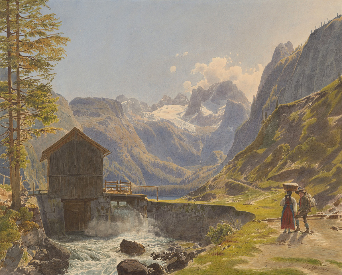 Im Hintergrund sieht man den mit Schnee bedeckten Dachstein. Davor eine Berglandschaft mit einem Weg, der zum See führt. Ein Mann und eine Frau gehen den Weg entlang, daneben ein Bergbach und eine Mühle. | Rudolf von Alt | Der Dachstein im Salzkammergut vom Vorderen Gosausee | ALBERTINA, Wien © ALBERTINA, Wien
