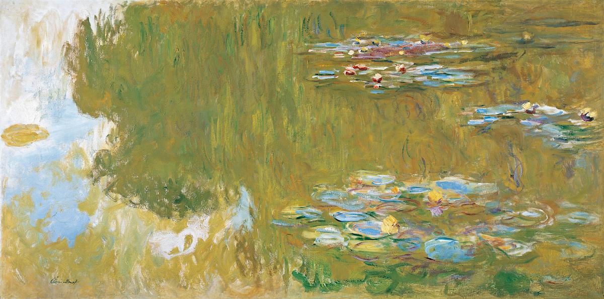Gemälde eines Teichs mit Seerosen in flirrenden Blau-, Grün- und Rosatönen, weiche, verschwimmende Farbflächen | Credit: Claude Monet | Der Seerosenteich, 1917-1919 | © Albertina, Wien. Sammlung Batliner